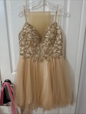 May Queen Champagne Beaded Tulle Cocktail Dress
